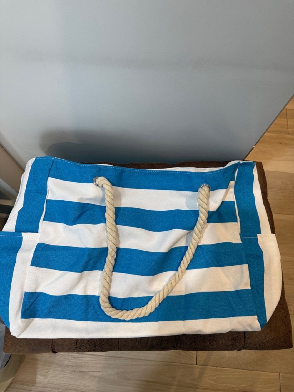 Striped Blue & White Rope-Handle Beach Tote